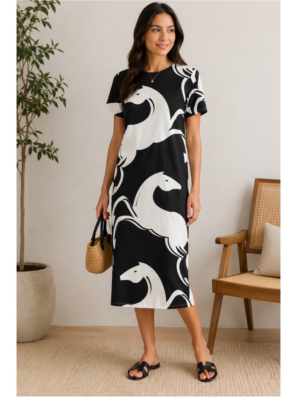 Anthropologie Corey Lynn Calter Caballos Horse Print Midi Dress Black Cream XS